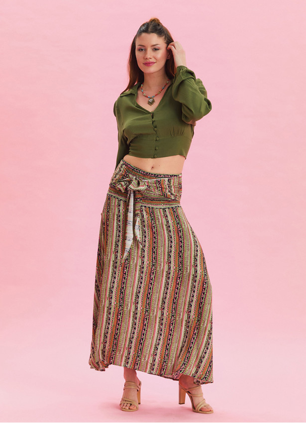 Gipe Waist Tied Khaki Patterned Long Skirt 4496